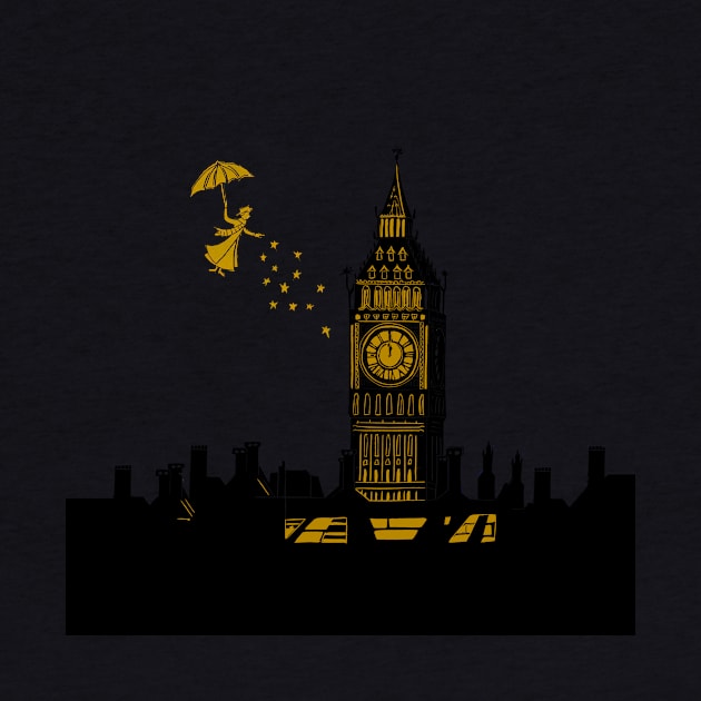 Mary Poppins and Big Ben Linocut Print in black, blue and gold by Maddybennettart